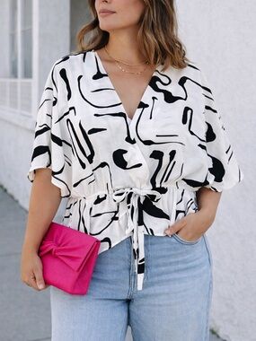 Sweet Rain Abstract Print Peplum Blouse Tie Waist XL Black White